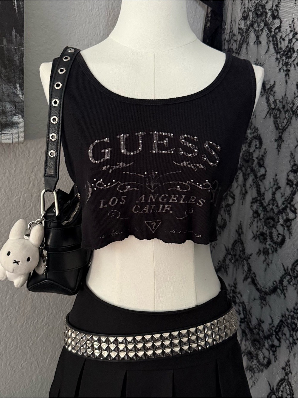 Vintage Y2K black GUESS rhinestone ribbed crop tank top L